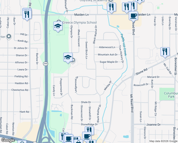 map of restaurants, bars, coffee shops, grocery stores, and more near 312 Sweet Birch Lane in Rochester