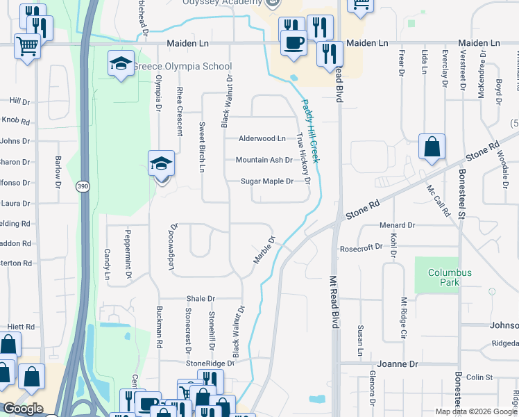map of restaurants, bars, coffee shops, grocery stores, and more near 466 True Hickory Drive in Rochester