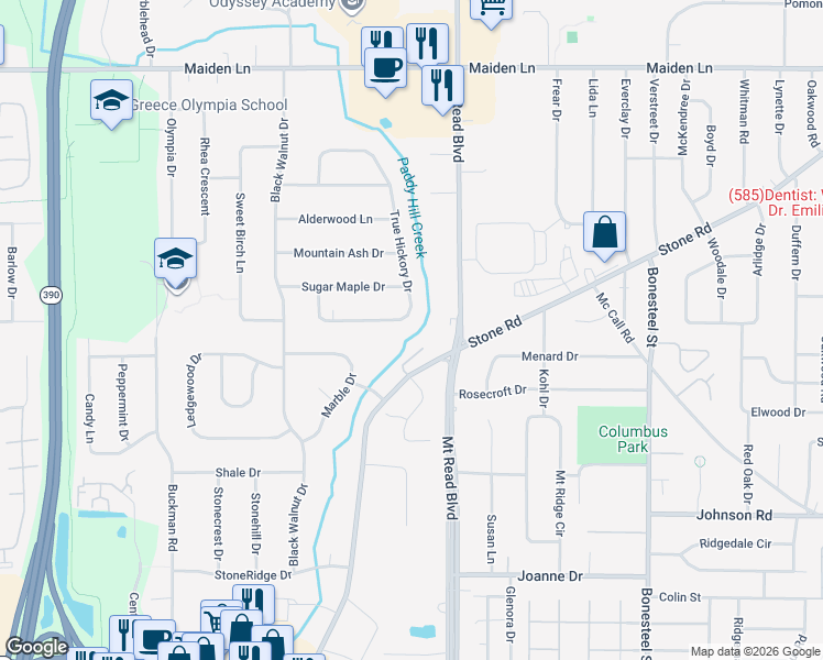 map of restaurants, bars, coffee shops, grocery stores, and more near 362 True Hickory Drive in Rochester