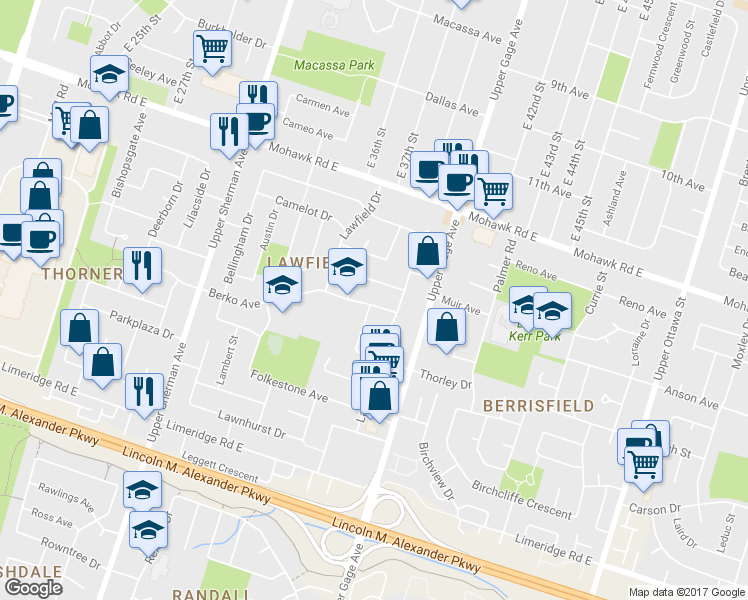 map of restaurants, bars, coffee shops, grocery stores, and more near 214 Berko Avenue in Hamilton