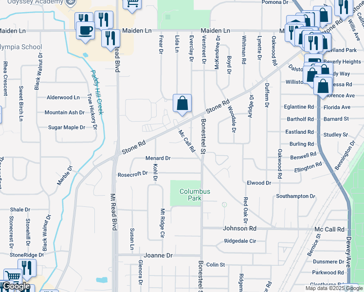 map of restaurants, bars, coffee shops, grocery stores, and more near 625 Mc Call Road in Monroe County