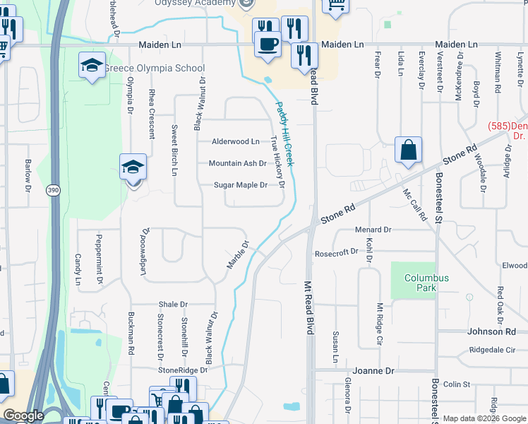 map of restaurants, bars, coffee shops, grocery stores, and more near 410 True Hickory Drive in Rochester