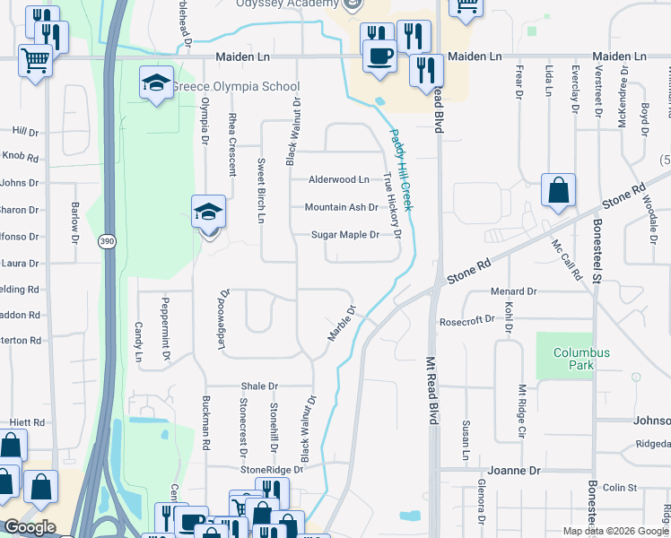 map of restaurants, bars, coffee shops, grocery stores, and more near 466 True Hickory Drive in Rochester