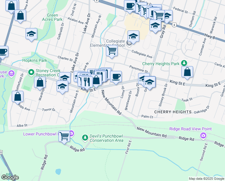 map of restaurants, bars, coffee shops, grocery stores, and more near 100 King Street East in Hamilton
