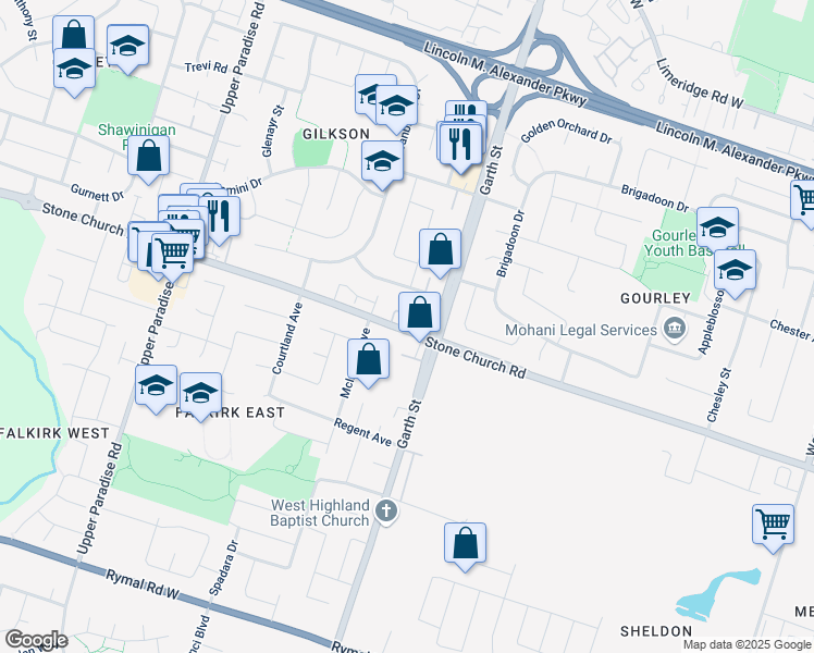 map of restaurants, bars, coffee shops, grocery stores, and more near in Hamilton