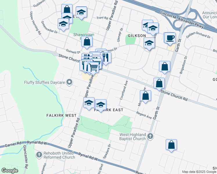 map of restaurants, bars, coffee shops, grocery stores, and more near 23 Horizon Court in Hamilton