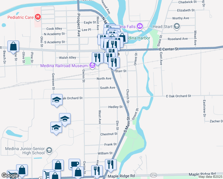 map of restaurants, bars, coffee shops, grocery stores, and more near 109 South Avenue in Medina