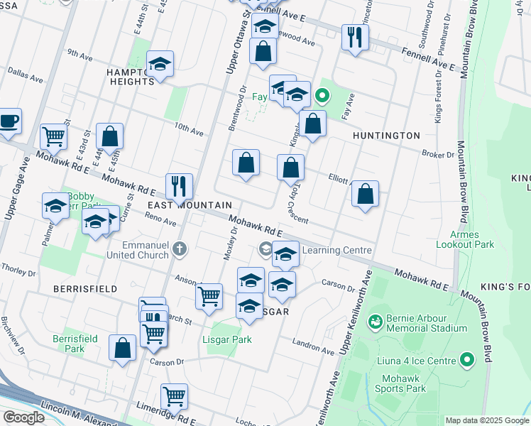 map of restaurants, bars, coffee shops, grocery stores, and more near 60 Beacon Avenue in Hamilton