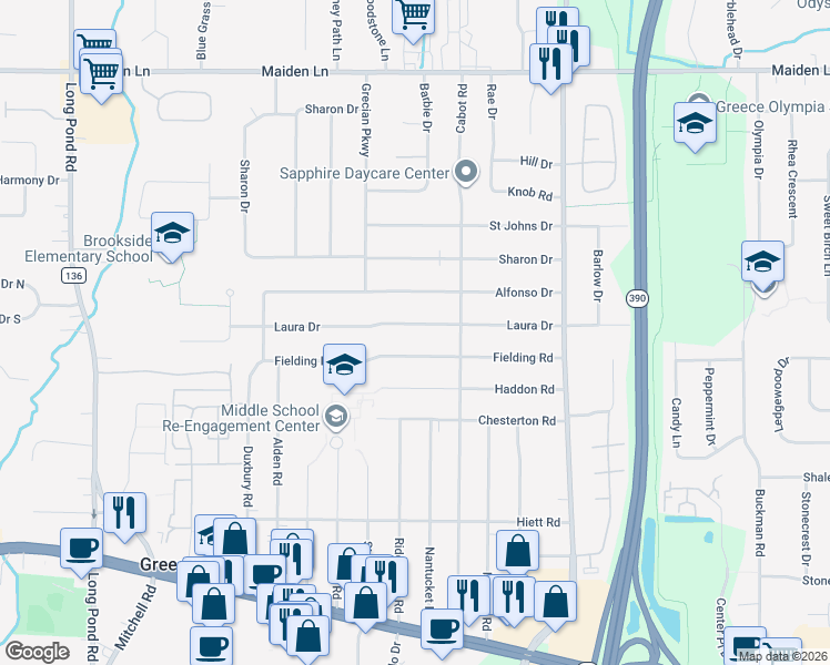 map of restaurants, bars, coffee shops, grocery stores, and more near 205 Laura Drive in Rochester