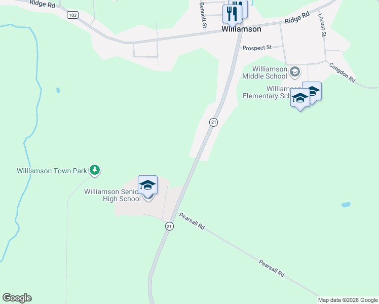 map of restaurants, bars, coffee shops, grocery stores, and more near 5967 State Route 21 in Williamson