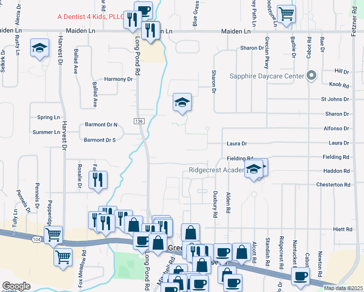 map of restaurants, bars, coffee shops, grocery stores, and more near 139 Frandee Lane in Rochester