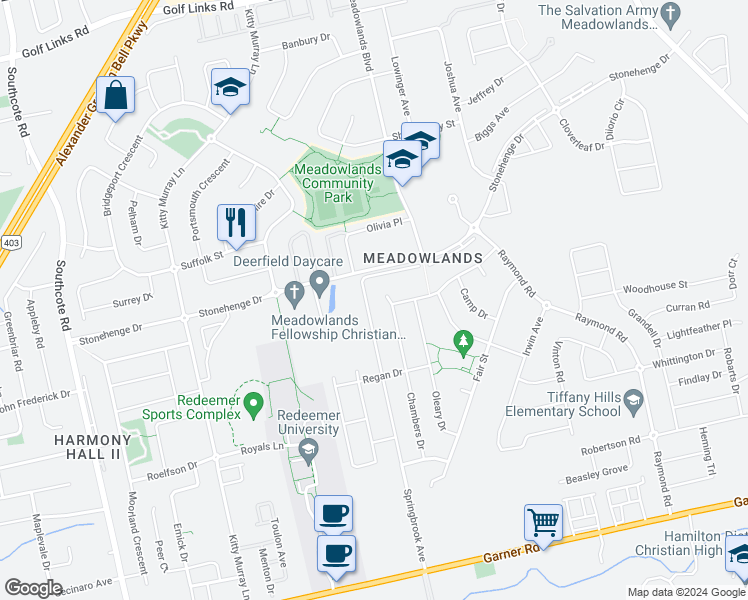 map of restaurants, bars, coffee shops, grocery stores, and more near 275 Springbrook Avenue in Hamilton