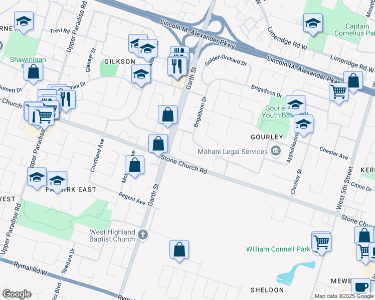map of restaurants, bars, coffee shops, grocery stores, and more near 79 Gledhill Crescent in Hamilton