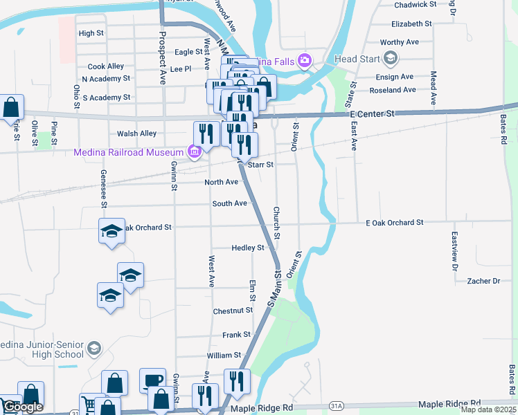 map of restaurants, bars, coffee shops, grocery stores, and more near 807 South Main Street in Medina