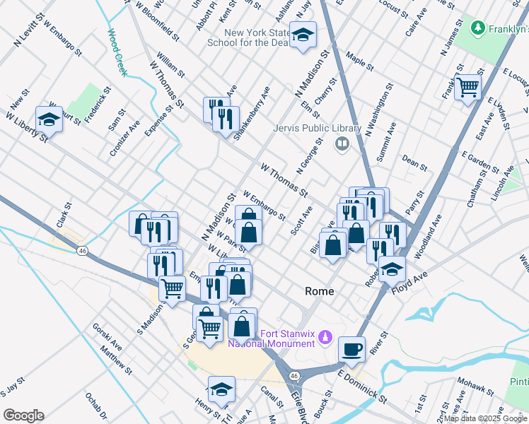 map of restaurants, bars, coffee shops, grocery stores, and more near 301 West Embargo Street in Rome