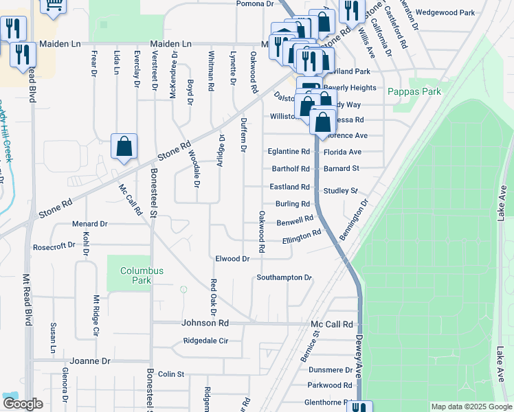 map of restaurants, bars, coffee shops, grocery stores, and more near 100 Burling Road in Rochester