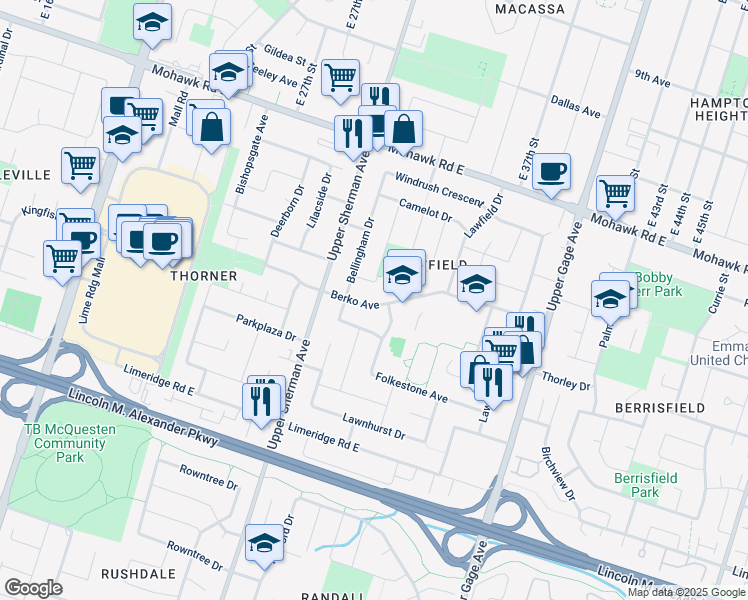 map of restaurants, bars, coffee shops, grocery stores, and more near 30 Berko Avenue in Hamilton