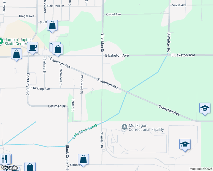 map of restaurants, bars, coffee shops, grocery stores, and more near 2435 Evanston Avenue in Muskegon