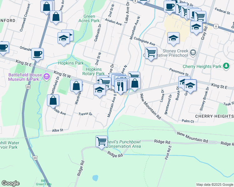 map of restaurants, bars, coffee shops, grocery stores, and more near 38 King Street East in Hamilton
