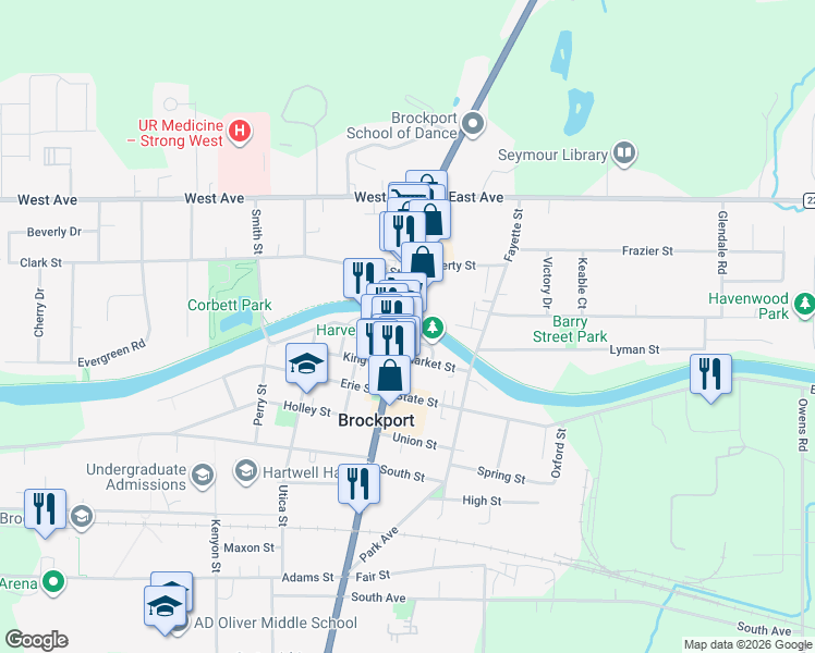 map of restaurants, bars, coffee shops, grocery stores, and more near 1 Main Street South in Brockport