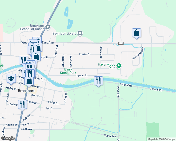 map of restaurants, bars, coffee shops, grocery stores, and more near 136 Barry Street in Brockport