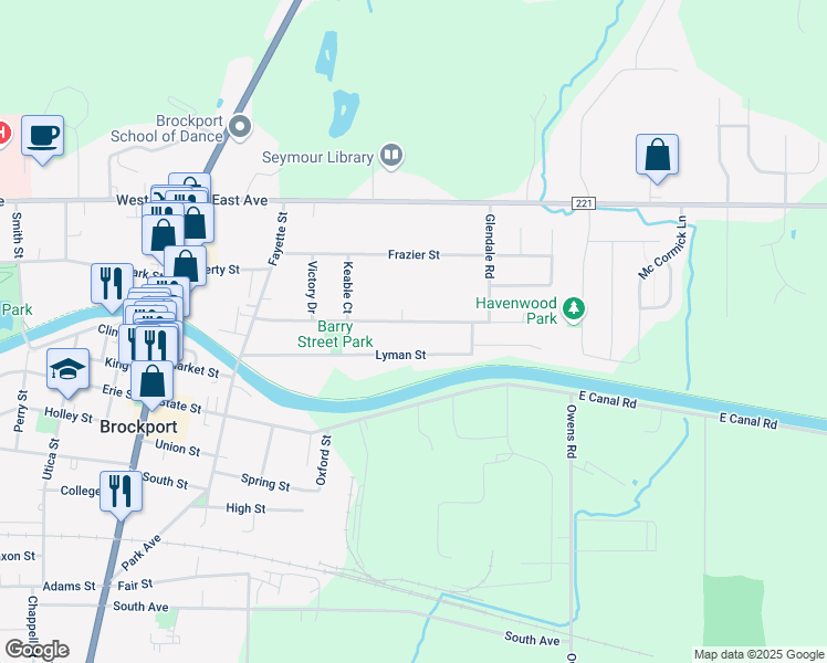 map of restaurants, bars, coffee shops, grocery stores, and more near 136 Barry Street in Brockport