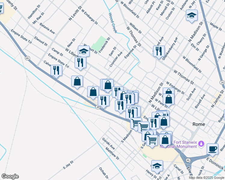 map of restaurants, bars, coffee shops, grocery stores, and more near 100 Kossuth Street in Rome