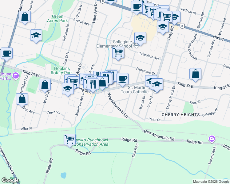 map of restaurants, bars, coffee shops, grocery stores, and more near 90 King Street East in Hamilton