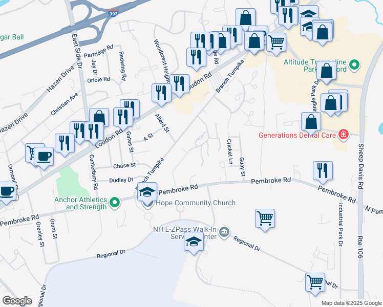 map of restaurants, bars, coffee shops, grocery stores, and more near 18 Roy Street in Concord
