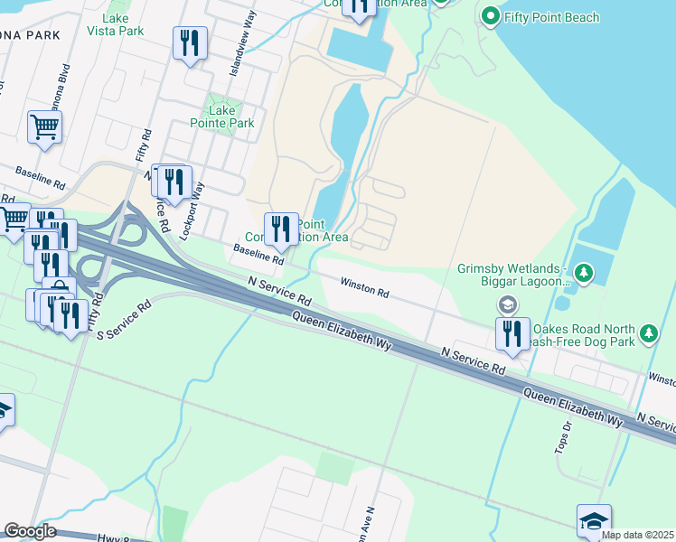 map of restaurants, bars, coffee shops, grocery stores, and more near 746 Winston Road in Grimsby