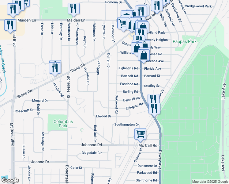 map of restaurants, bars, coffee shops, grocery stores, and more near 100 Burling Road in Rochester