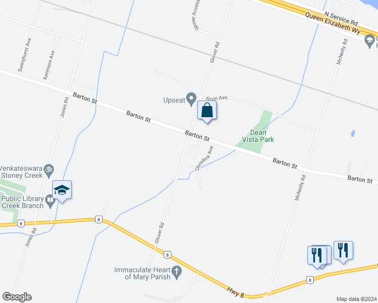 map of restaurants, bars, coffee shops, grocery stores, and more near 288 Glover Road in Hamilton