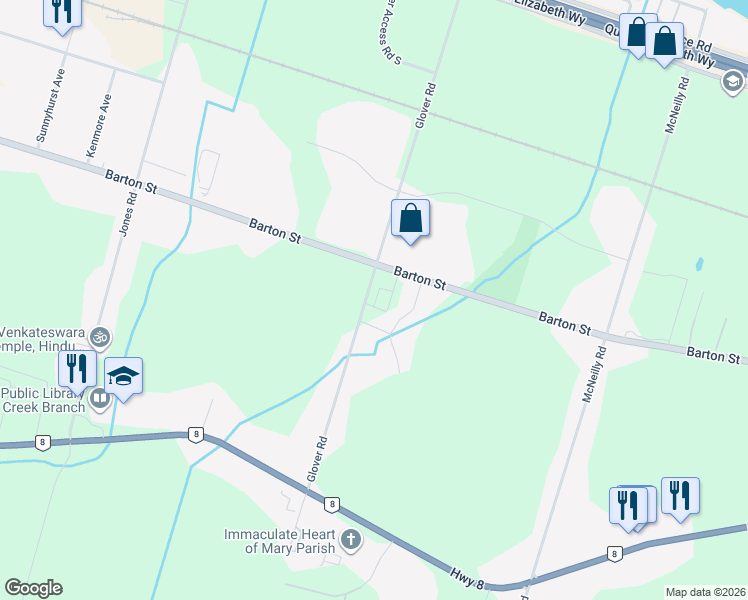 map of restaurants, bars, coffee shops, grocery stores, and more near 288 Glover Road in Hamilton
