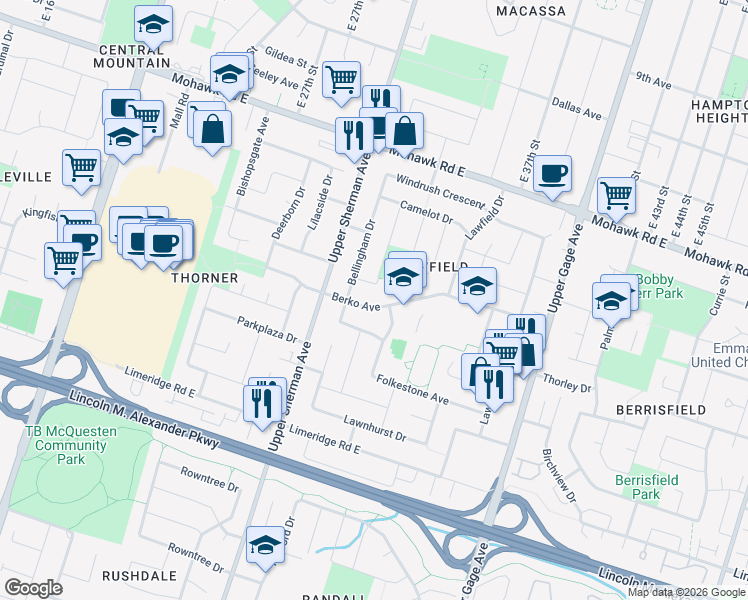 map of restaurants, bars, coffee shops, grocery stores, and more near 16 Berko Avenue in Hamilton