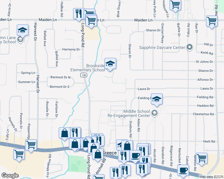 map of restaurants, bars, coffee shops, grocery stores, and more near 133 Frandee Lane in Rochester