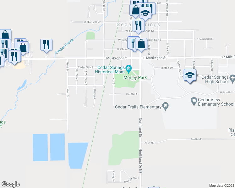 map of restaurants, bars, coffee shops, grocery stores, and more near 123 South Saint Northeast in Cedar Springs