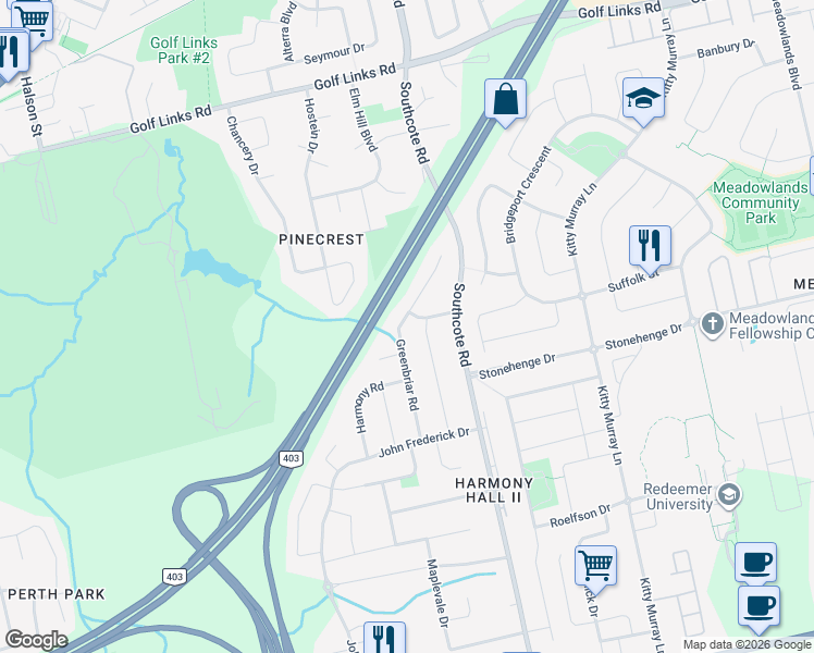 map of restaurants, bars, coffee shops, grocery stores, and more near 220 Greenbriar Road in Hamilton