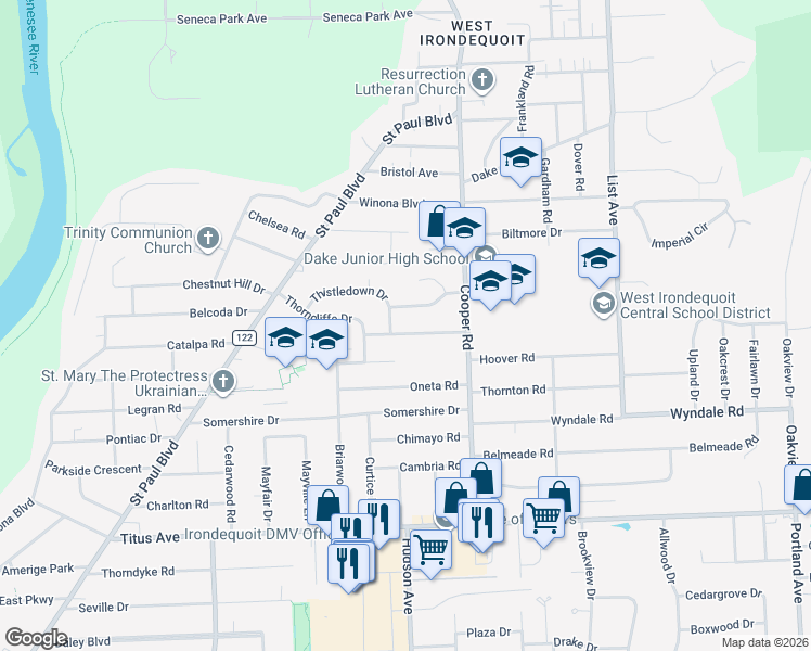 map of restaurants, bars, coffee shops, grocery stores, and more near 196 Thorncliffe Drive in Rochester