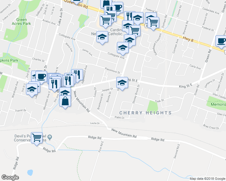 map of restaurants, bars, coffee shops, grocery stores, and more near 18 Jasper Drive in Hamilton