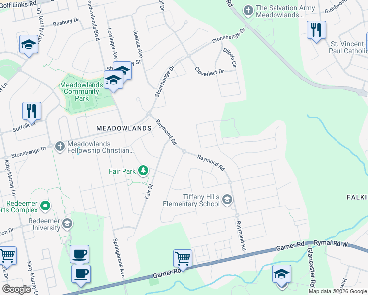 map of restaurants, bars, coffee shops, grocery stores, and more near 90 Raymond Road in Hamilton
