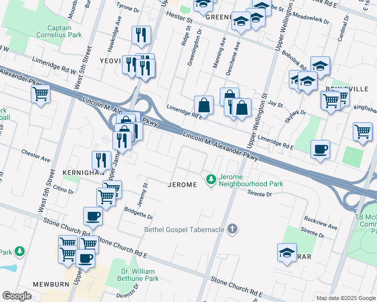 map of restaurants, bars, coffee shops, grocery stores, and more near 22 Colin Crescent in Hamilton