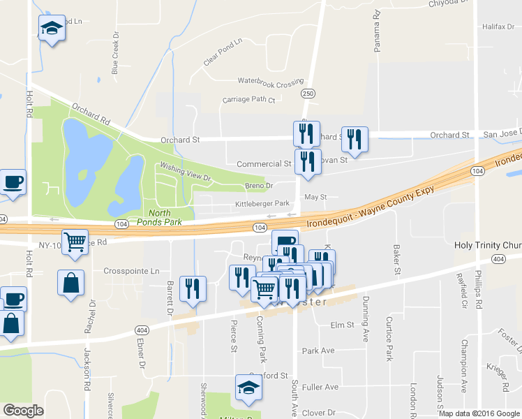 map of restaurants, bars, coffee shops, grocery stores, and more near 50 Kittleberger Park in Webster