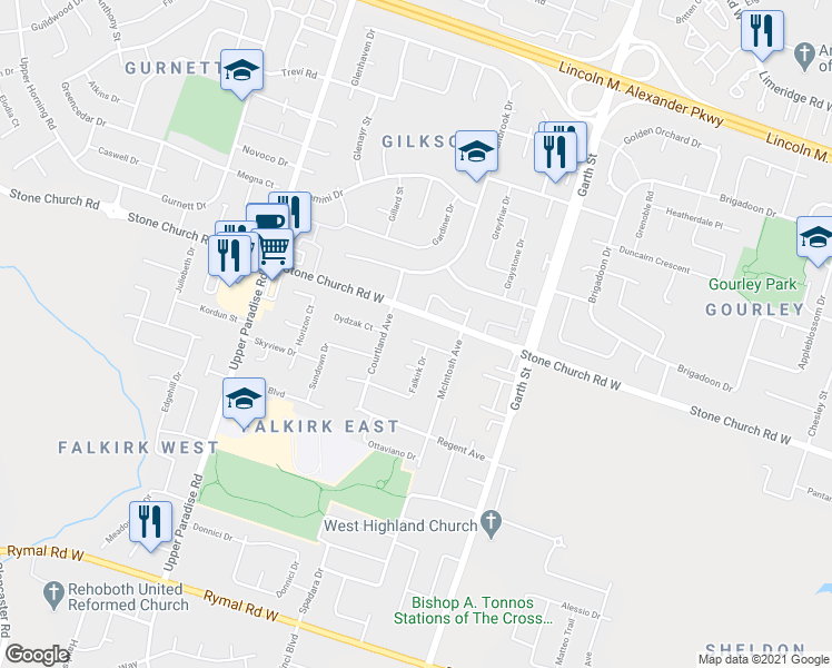 map of restaurants, bars, coffee shops, grocery stores, and more near 28 Maynard Street in Hamilton