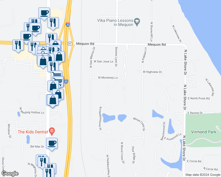 map of restaurants, bars, coffee shops, grocery stores, and more near 709 West Haddonstone Place in Mequon
