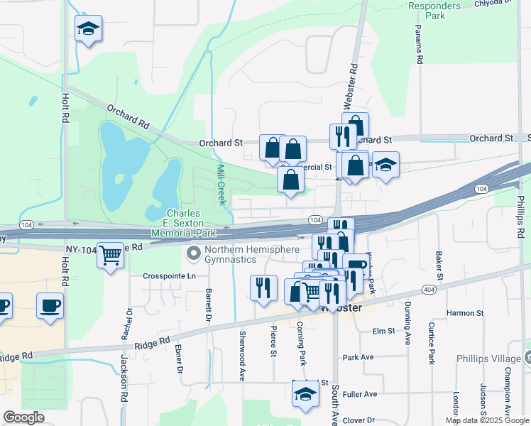 map of restaurants, bars, coffee shops, grocery stores, and more near 110 Kittleberger Park in Webster