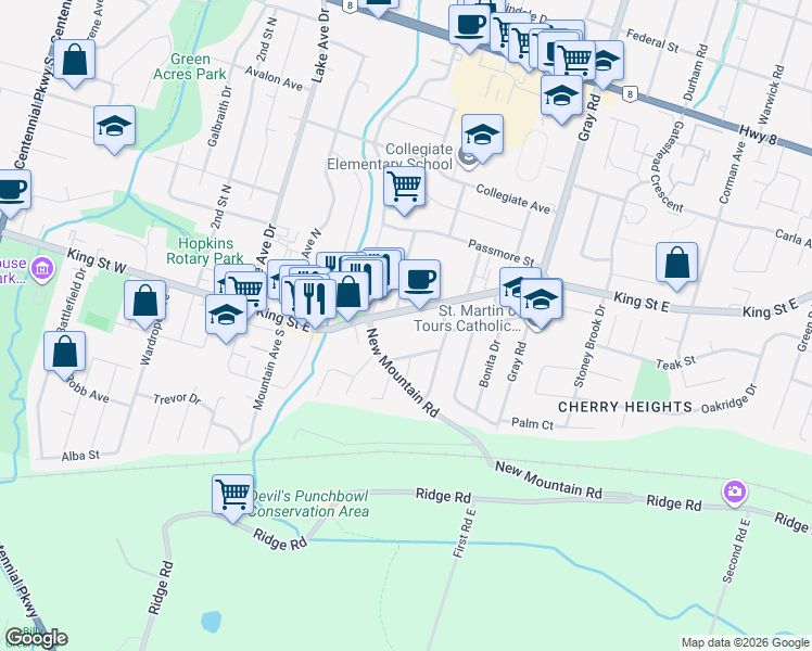 map of restaurants, bars, coffee shops, grocery stores, and more near 100 King Street East in Hamilton