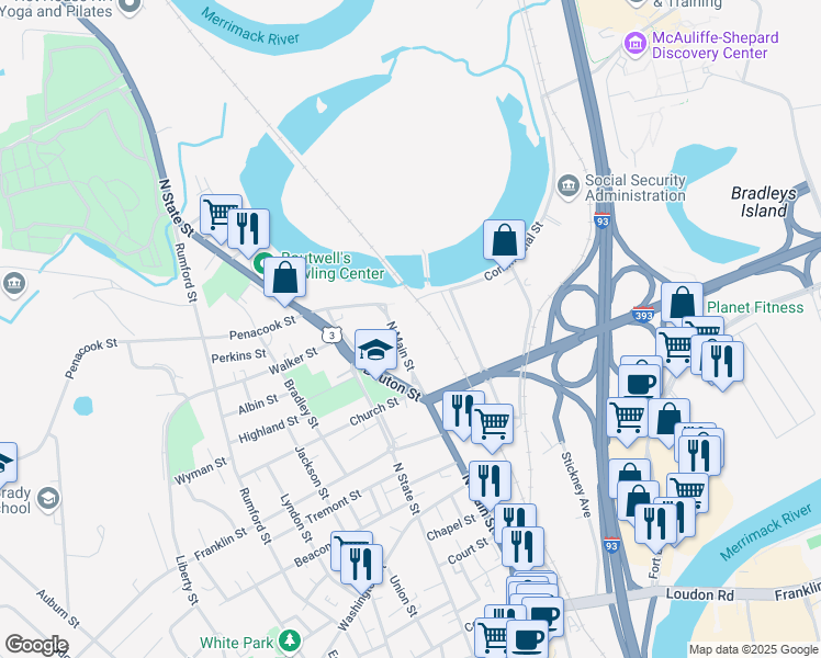 map of restaurants, bars, coffee shops, grocery stores, and more near 276 North Main Street in Concord