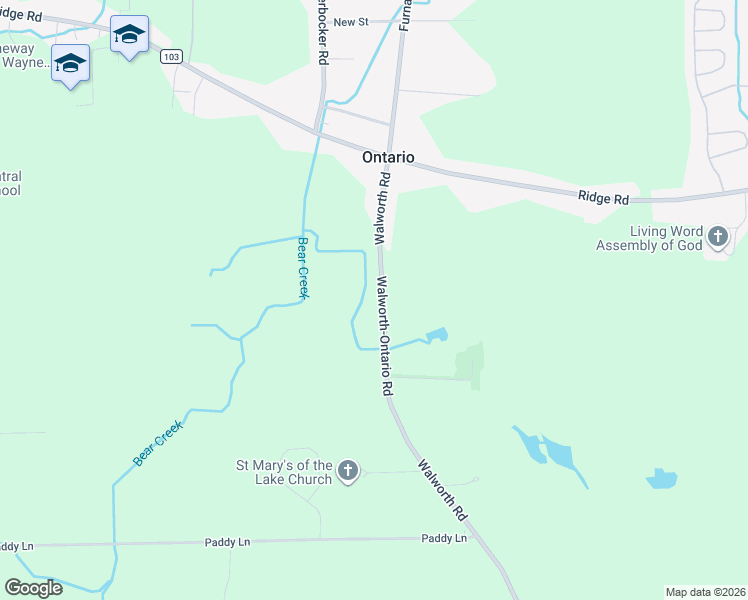 map of restaurants, bars, coffee shops, grocery stores, and more near 5973 Walworth Road in Ontario