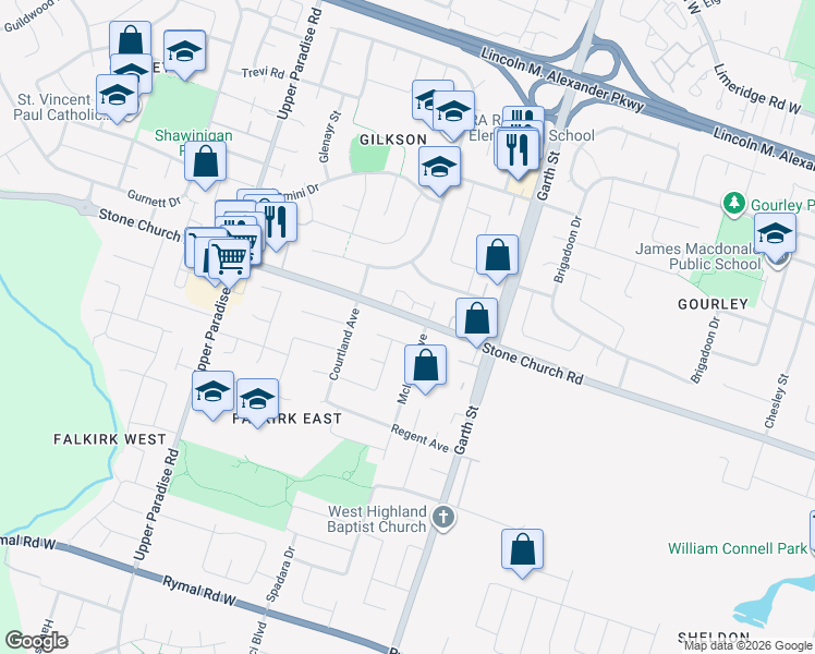 map of restaurants, bars, coffee shops, grocery stores, and more near 500 Stone Church Road West in Hamilton