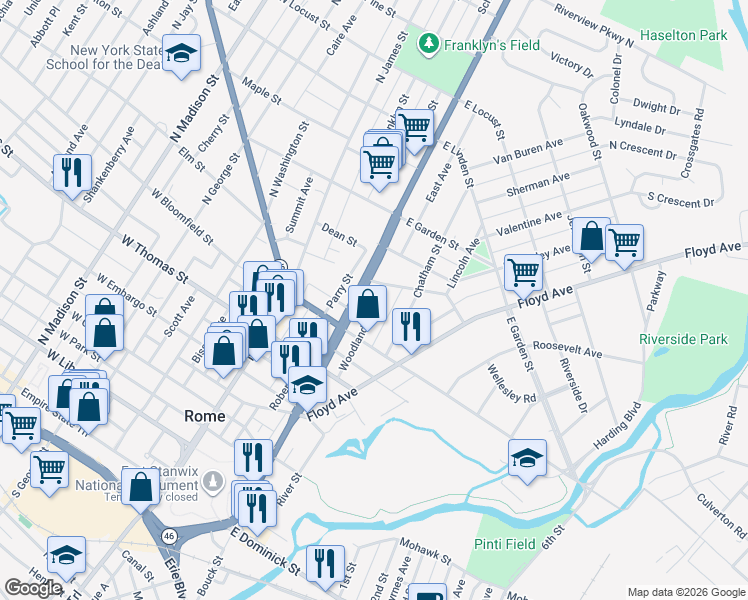 map of restaurants, bars, coffee shops, grocery stores, and more near 623 Woodland Avenue in Rome